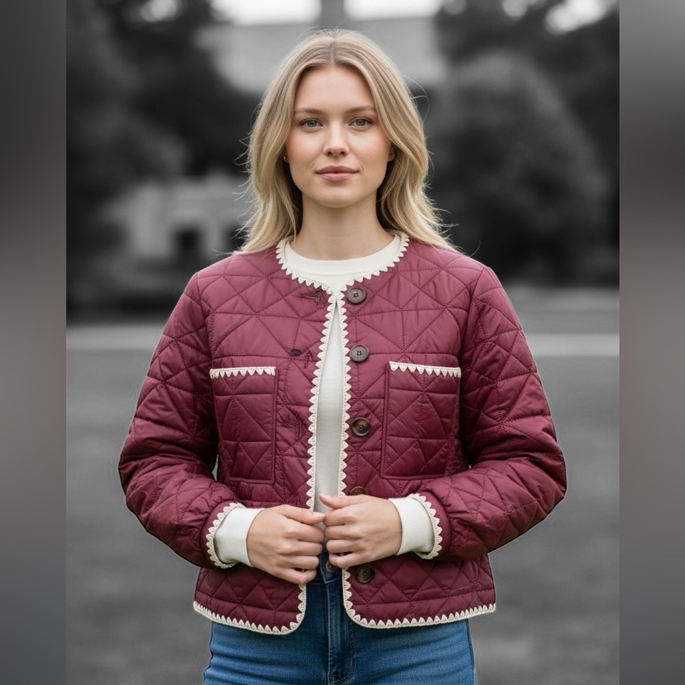 NWT JOIE Maroon Burgundy Quilted Cropped Jacket Scalloped Trim Reversible Small